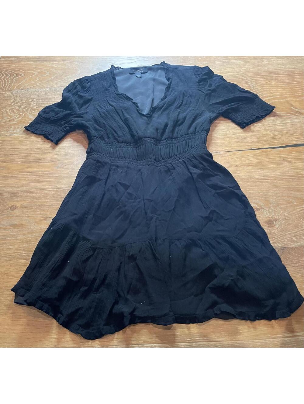 AllSaints Black V-Neck Smocked Waist Dress Bohemian Chic Size US6